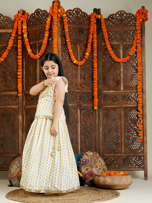 Girl's' Cream And Gold Jacquard Lehenga